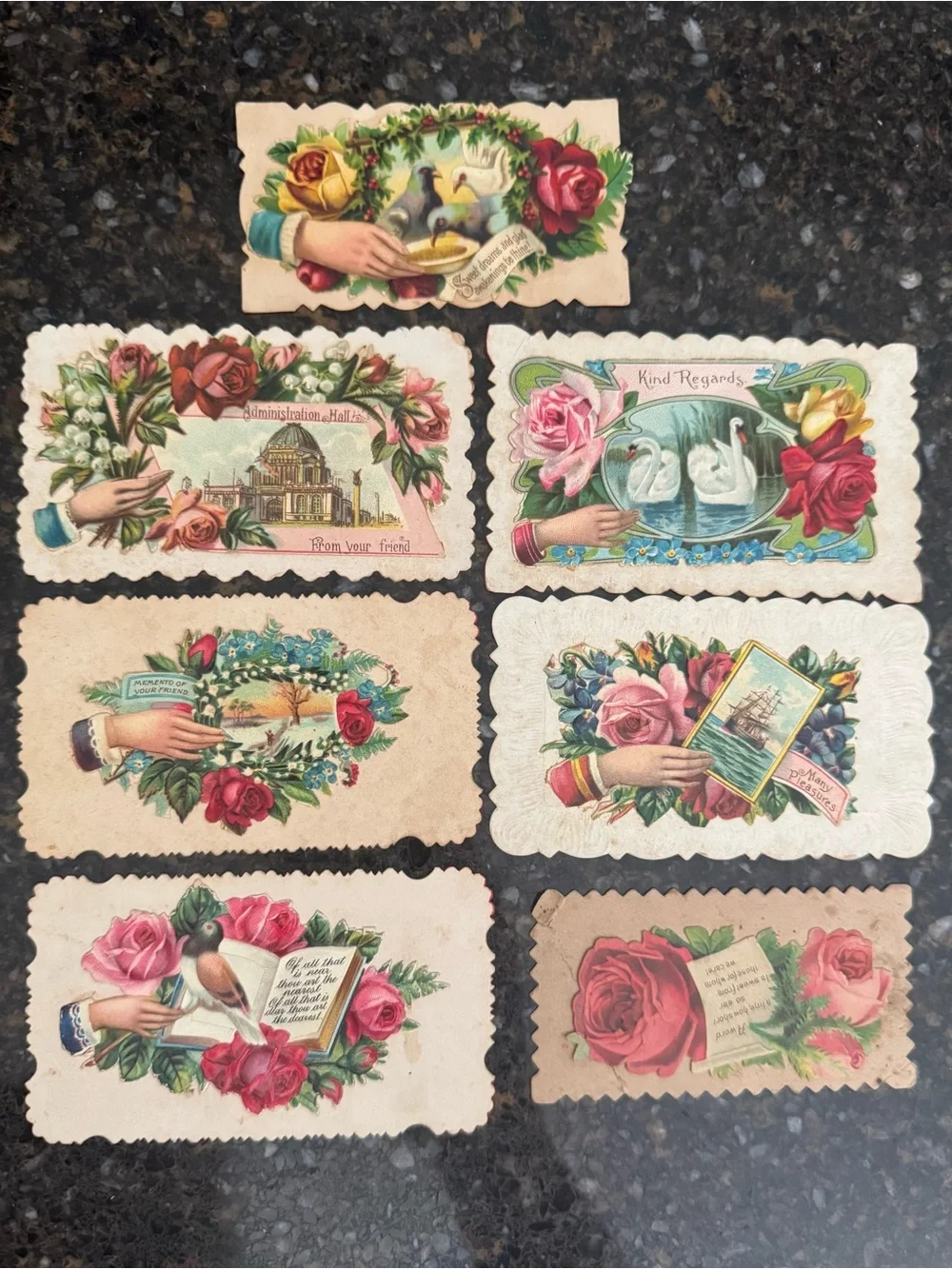 7 Antique Victorian 1893 Chicago Worlds Fair Die Cut Friendship Calling Cards